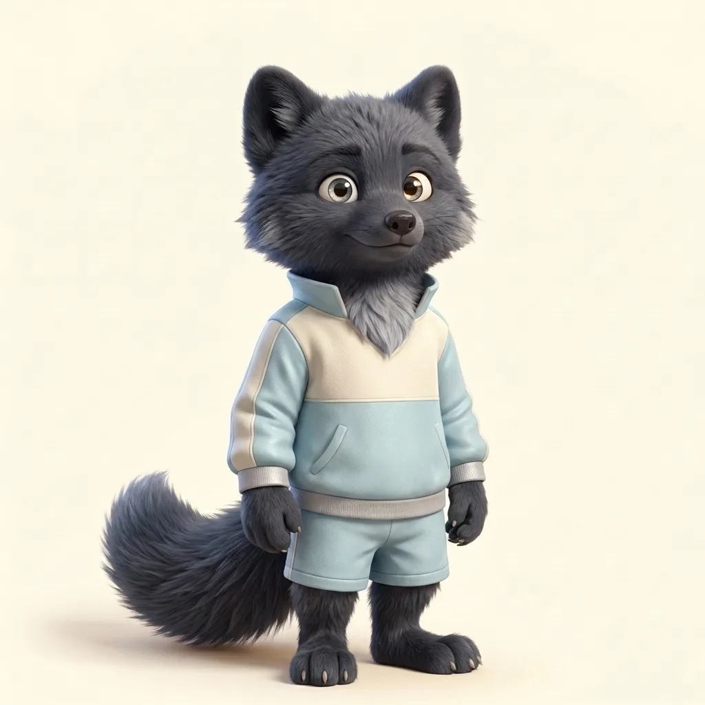 Ash, a charcoal-grey fox with a thick double coat