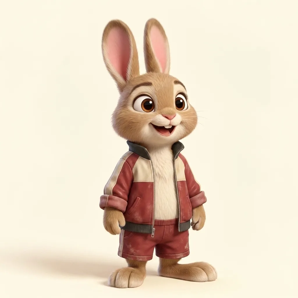 Clover, a small rabbit in a tracksuit several sizes too big